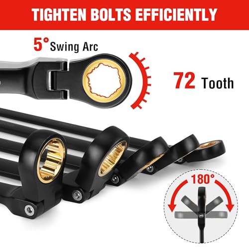 WORKPRO Extra Long Flex-Head Ratcheting Wrench Set, 5-piece Anti-Slip Double Box Wrenches Set, SAE 1/4-13/16 mm, 72-Teeth, Cr-V Steel and Black Electrophoretic Coating Wrenches with Rolling Pouch - size: SAE