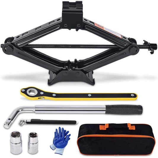 2 Ton Scissor Car Jack Kit for Emergency Flat Tire Change - Portable with Wrench & Gloves
