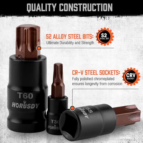 HORUSDY 31Pcs Torx Bit Socket Set,14 Star Bits (T8-T70) and 12 Female E-Torx Sockets (E4-E24), 4 Impact Socket Adapter Set with High Torque Laser Marked for Automotive Mechanic - style: 31PC Torx/Star Set