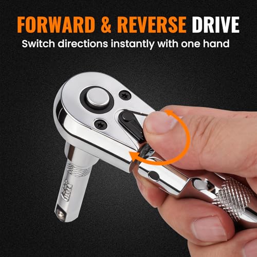 Stubby Flex Head 3/8" Drive Ratchet Wrench, 90T Mini Ratchet, Quick-Release Reversible with Cr-Mo Head and 3" Extension Bar for Tight Spaces - size: 3/8" Stubby