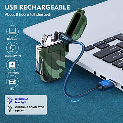 LcFun Electric Dual Arc Lighter USB Rechargeable Outdoor Windproof Flameless Plasma Lighters for Camping, Hiking, Waterproof Matches Survival Tactical Gear Fathers Day Dad Gifts Birthday Gifts for Men - color: Camouflage