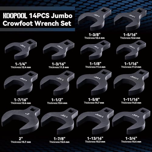 KOOPOOL 14 Piece Crows Foot Wrench Set, SAE Shockit Crows Foot for 1-1/16" to 2" Flare Nuts for 1/2" Drive Rachets & Extenders, Blackened Cr-V Steel Crowfoot Wrenches