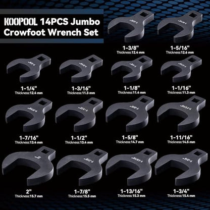 KOOPOOL 14 Piece Crows Foot Wrench Set, SAE Shockit Crows Foot for 1-1/16" to 2" Flare Nuts for 1/2" Drive Rachets & Extenders, Blackened Cr-V Steel Crowfoot Wrenches