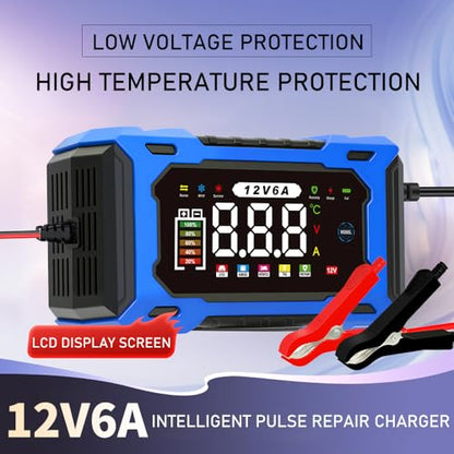 6-Amp 12V Smart Car Battery Charger, Battery Maintainer Trickle Charger with Desulfator, Pulse Repair & Overcharge Protection - for Car Lawn Mower Marine Lead-Acid Batteries (Blue) - color: Blue