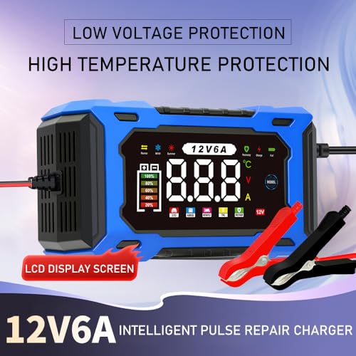 6-Amp 12V Smart Car Battery Charger, Battery Maintainer Trickle Charger with Desulfator, Pulse Repair & Overcharge Protection - for Car Lawn Mower Marine Lead-Acid Batteries (Blue) - color: Blue