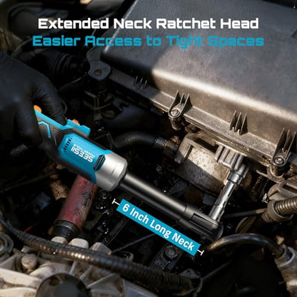 Cordless Electric Ratchet Wrench 3/8", 6" Extended Neck, 3-Speed Adjustable, 74 Ft-lbs Max Torque, 21V Power Brushless Ratchet with 2×2.0Ah Batteries & Fast Charger, 8 Sockets, 1/4"& 1/2" Adapter - size: Extended 6 Inch