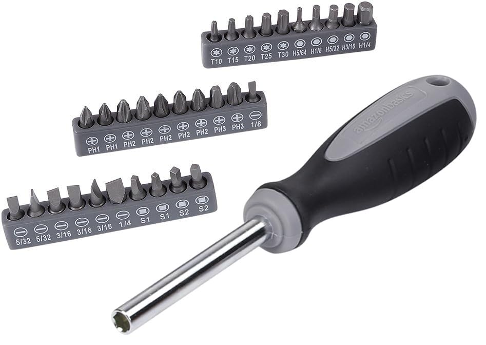 Amazon Basics 65 Piece Home Repair Tool Kit Set With Carrying Bag, Hand Tools, Socket Set, SAE and Metric, Silver, Black