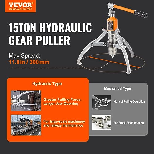 VEVOR Hydraulic Gear Puller, 15 Ton Max Capacity Wheel Bearing Pulling Separator, 2 or 3 Jaws Puller, Vertically and Horizontally, 12" Jaw Hydraulic Puller with Case for Pulling Hubs - style: 15 Ton