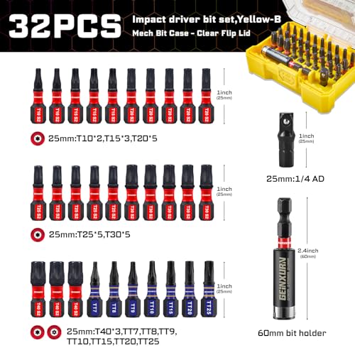 Geinxurn 32Pieces Impact Screwdriver Bits Set, S2 Steel Magnetic Torx/Security Torx Muliti Insert Bits Tips Set with Impact Bit Holder and 1/4”Socket Adapter(Yellow Storage Box Case) - style: FQ032025-BYW