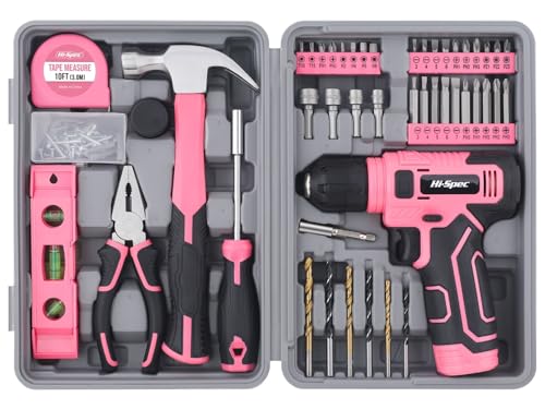 Hi-Spec 8V Cordless Drill Set & Starter Tool Kit for Women, Pink | Ladies, USB Drill Driver, Essential Hand Tools, Compact, Tidy Home Projects, Screwdriving, Repairs, Light-Duty - color: Pink, size: 47-Piece