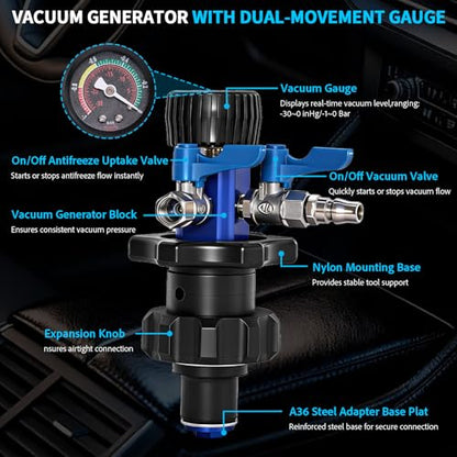 VTG VOGTEN Coolant Vacuum Refill Kit,15PCS Vacuum Coolant Fill Kit with Leak Detector,6 Adapters,Cooling System Vacuum Fill Tool with Dual-Movement Gauge,for Pressure Testing,Leak Detection