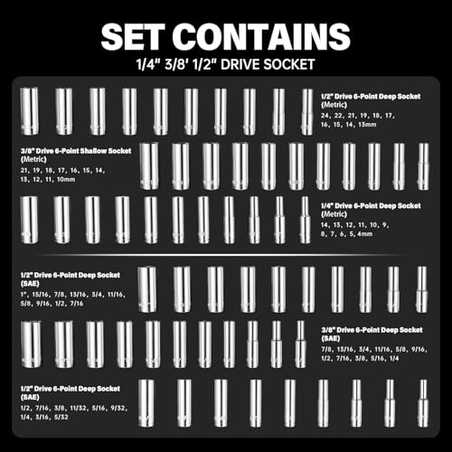 264-Piece Mechanics Tool Set, SAE & Metric Impact Socket Set, 1/2'', 1/4'', 3/8'' Drive, Deep & Shallow, CR-V Steel, with 90-Tooth Ratchet, Extension Bar, Universal Joint, with Molded Case - size: 264pcs 1/4", 3/8", 1/2"