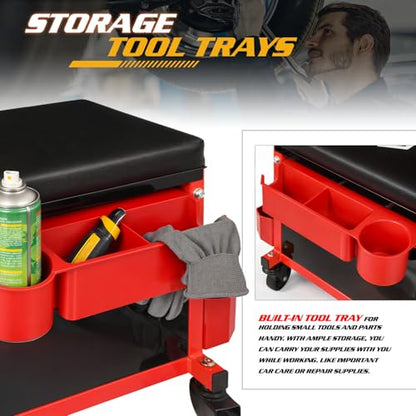 Magshion Rolling Garage Stool with Built-in Toolbox & Holder – 350 Lbs Capacity Padded Mechanic Seat with Wheels for Workshop, Auto Repair & Shop Use (Red)