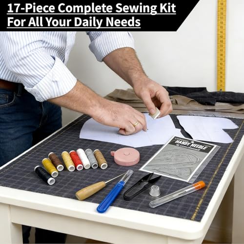 Upholstery Repair Sewing Kit - 17pcs Heavy Duty Leather Sewing Tools with 8 Colored Waxed Threads, Curved Needles, Stitching Awl, Seam Ripper for Car Seat, Sofa, Boots, Backpack, Canvas Repair