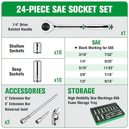 SK 1/4" Drive Socket Set with 160-P Ratchet, SAE, CR-V Steel | 24-Piece Sockets, SuperKrome Finish, Heat Treated, with EVA Foam Tool Organizer