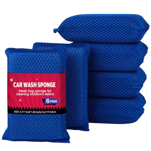 AIDEA Car Wash Sponge 6PK, Microfiber Large Bug and Tar Remover for Cars | Non Scratch Reusable Mesh Car Wash Sponges, Blue, 5.71*3.54*1.89 inch