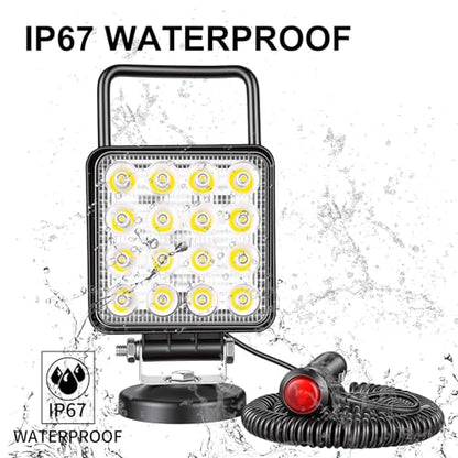 SKYWORLD Magnetic Mount LED Work Light, 2PCS 4 Inch 48W Square Spot Off Road Driving Fog Lamp 12V 24V with Portable Magnetic Base Holder for Truck Tractor Trailer Car Boat Engineering Vehicle - size: 2Pcs 4 Inch 48W Spot