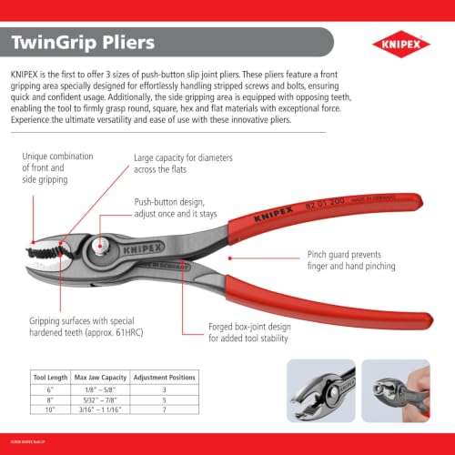 KNIPEX 82 01 200 TwinGrip Pliers, 8-inch | Slip joint pliers with push button adjustment