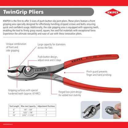 KNIPEX 82 01 200 TwinGrip Pliers, 8-inch | Slip joint pliers with push button adjustment