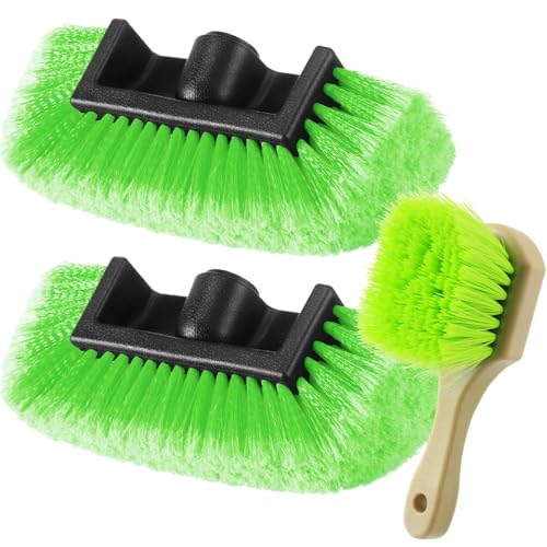 Vesici 2 Pcs 10 Inch Car Wash Brush Head with Soft Detailing Bristle Flow Through Car Cleaning Brush with 1 Pcs Stiff Bristle Wheel Brushes for Motorboat Rv Facades of Houses Wheel Carpet (Green) - color: Green