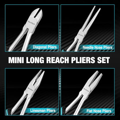 DURATECH 4PCS Long Reach Pliers Set with Pouch - Needle Nose, Diagonal, Linesman and Flat Nose, Mini Extra Long Pliers Set for Jewelry Making, Wire Bending and Object Gripping on Narrow Space - style: 4PCS