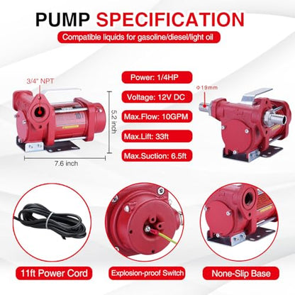 TOPWAY 12V DC Gasoline Fuel Pump 10GPM Self-priming Oil Transfer Pump With Handle, Overheat Protection, Explosion-Proof, Built-in Bypass, for Gasoline Fuel Diesel Kerosene Removal,Red - style: 12V 10GPM