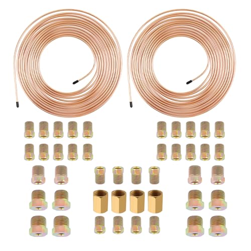 2 Sets 3/16 Brake Lines Kit,25 Ft Flexible Copper Brake Line 3/16 with Brakes Line Fittings(32pcs Fittings,8pcs Nuts,4pcs Unions),Multi-purpose Copper Tubing for Braking,Fuel Systems