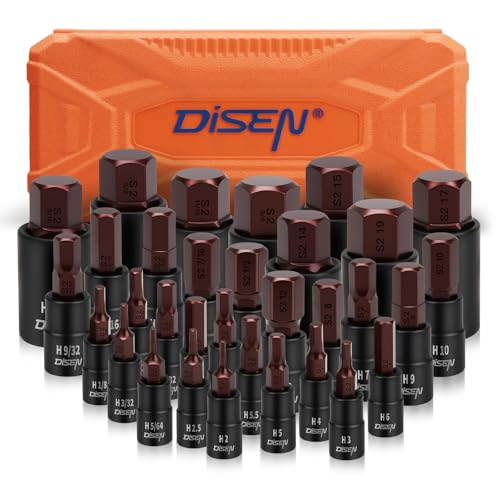 DISEN 32-Piece HEX Bit Socket Set | SAE & Metric Allen Wrench Socket Set with Enhanced Storage Case, Premium Heat Treated Chrome Vanadium Steel & S2 Alloy Steel - style: 1/4"& 3/8”& 1/2“ 32PCS HEX Bronw