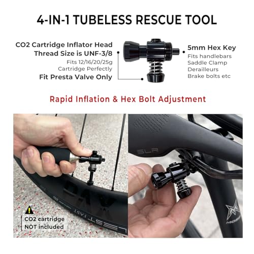 PAX 4-in-1 Tubeless Bike Tire Puncture Repair Kit - Includes CO2 Inflator Head, Presta Valve Core Remover, 5mm Hex Key & Tire Plugger. Lightweight Aluminum for MTB & Road Bicycles