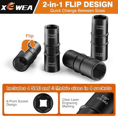XEWEA 1/2 Inch Drive 21mm x 22mm Thin Wall Impact Flip Socket, Lug Nut Impact Socket Set Double Ended Thin Wall Nut Sockets CR-MO Twist Removal Tool for Stripped Rusted Bolts - size: 21 mm x 22 mm