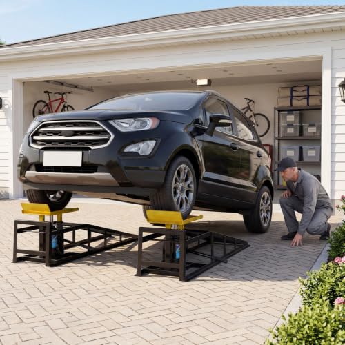 Hydraulic Service Ramps 2-Pack Black Frame Yellow Platform | 5 Ton,11000 lbs capacity,adjustable 9.8-16.2 inch lift height,low profile steel,car truck maintenance,garage oil change - color: Black+yelow