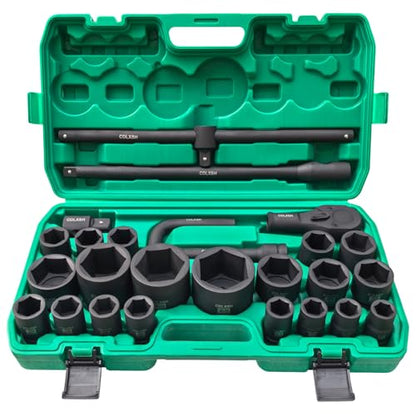 3/4" and 1" Impact Socket Set, Standard 6 Point Metric Deep Drive Sockets 21-50 mm and 55-65 mm, Cr-Mo Steel, 26Pcs Heavy Duty Large Socket Set with Ratchet Wrench, T Sliding Bar and Dedicated Case - style: 3/4in-26Pcs-Metric