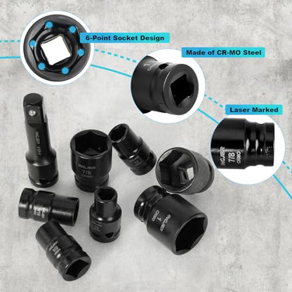 1/2 Impact Socket Set, 29PCS Shallow, SAE (3/8 to 1 inch) and Metric (10-24mm) Sizes with Extension Bars Standard Shallow Socket Set CR-MO Material High Torque Truck Bearing Locknut - size: 1/2inch 29PCS SHALLOW