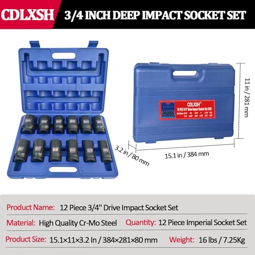 3/4 Inch Deep Impact Socket Set, Standard 6-Point SAE Socket Set | 12 Pcs Heavy Duty Drive Impact Sockets(13/16"-1-5/8"), Cr-Mo Steel, Overall Heat Treatment for Vehicle and Equipment Repair - style: zxttgj-3/4-12PC-SAE Socket
