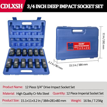 3/4 Inch Deep Impact Socket Set, Standard 6-Point SAE Socket Set | 12 Pcs Heavy Duty Drive Impact Sockets(13/16"-1-5/8"), Cr-Mo Steel, Overall Heat Treatment for Vehicle and Equipment Repair - style: zxttgj-3/4-12PC-SAE Socket