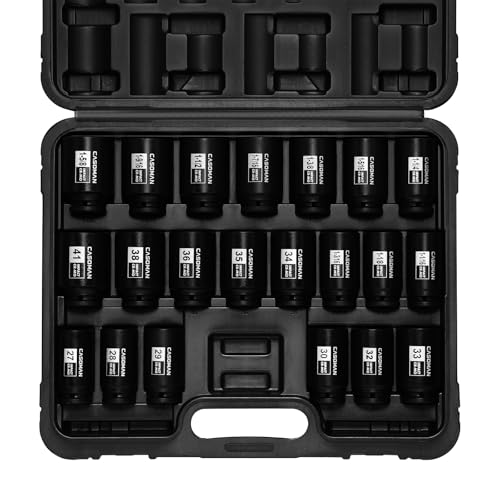 CASOMAN 1/2” Drive Deep Big Impact Socket Set, 21 - Piece Large Spindle Axle Nut Impact Wrench Socket Set, 6 Point, CR-MO, Metric & SAE, 27mm - 41mm, 1-1/16" - 1-5/8"