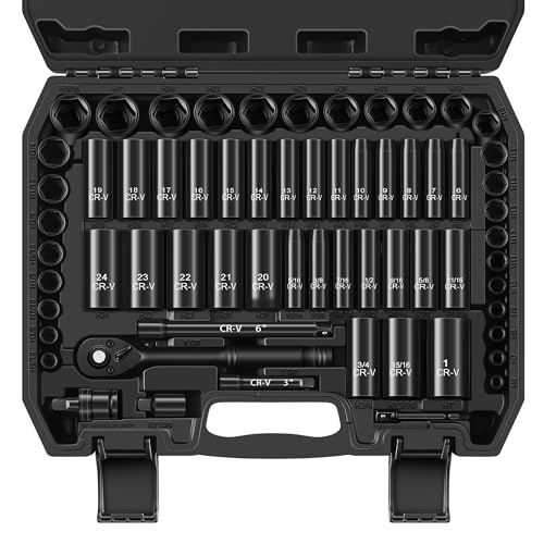 Reniteco 64-Piece 3/8" Drive Socket Set, SAE (5/16"-1") & Metric (6mm-24mm), Deep & Shallow, 72-Tooth Ratchet Wrench, Extension Bars, 1/2" F to 3/8" M Reducer, Universal Joint & Power Drill Adapter - size: 3/8" 64 PCS SAE & Metric