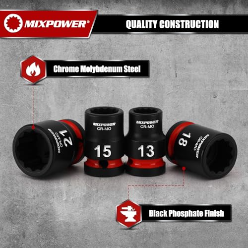 MIXPOWER 26 Pieces 1/2'' Drive Shallow Impact Socket Set,12 Point,Metric,10-36mm,CR-MO,Axle Nut Impact Grade Socket for Easy Removal