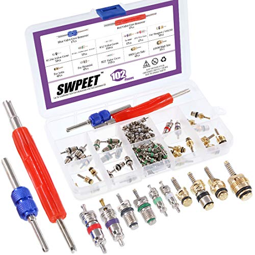 Swpeet 41Pcs R12 / R134a AC Master Valve Core Repair Kit, Including Assortment R12 R134a Valve Core Refrigeration Tire Stem with Remover Tool for Most Cars