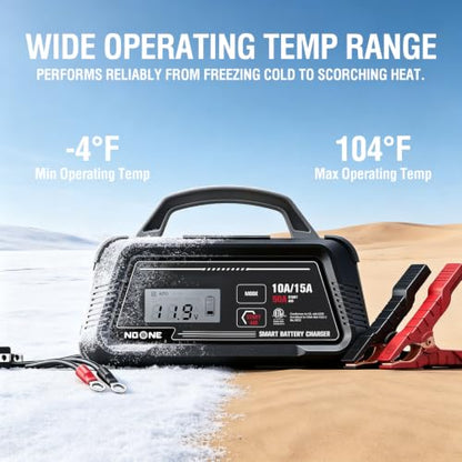 NOONE 10A/15A Smart Battery Charger - 6V/12V Fully Automatic Maintainer | with 50A Engine Start, Auto Repair & Desulfation with Overheat Protection - Compatible with Lead-Acid, AGM, LiFePO4 Batteries