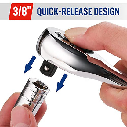 WORKPRO 3/8" Drive Ratchet Wrench, 72-Tooth Reversible | Quick-Release, CR-MO Head, Chrome Plated Finish, Ergonomic Non-Slip Handle - size: 3/8"
