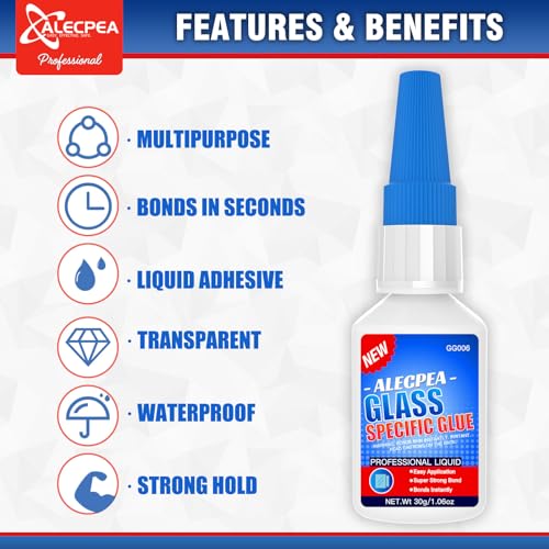 ALECPEA 30g Glass Glue - Crystal Clear Invisible Adhesive for Glass Repair, Jewelry & Art - Waterproof & Heat-Resistant Bond for Mirrors, Crystals & Glassware - Quick 15s Set with 3 Precision Tips - size: 30g/1Pack, style: Glass Glue