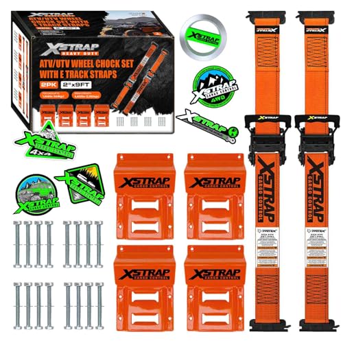 XSTRAP STANDARD 2-Pack Wheel Chock E-Track Tie Down Straps Kit, 2" x 9FT | 4,500lb Break Strength Over-The-Tire Ratchet Straps with Steel Wheel Chocks for ATV, UTV, Lawn Mower, Trailer Hauling, Orange - size: Orange-2PK-9FT