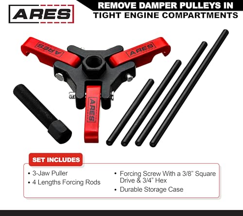 ARES 71002 - Harmonic Balancer Puller Kit - Adjustable 3-Jaw Puller Fits Most Late Model Automobiles & Trucks - Remove Damper Pulleys in Tight Engine Compartments Without Removing The Radiator - size: Harmonic Balancer Puller Set