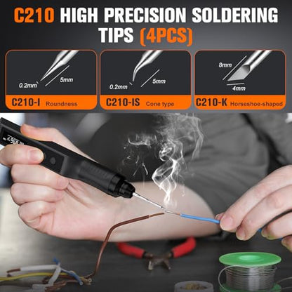 Soldering Iron Kit, Cordless Soldering Gun with 2 Helping Hands, 2s Fast Heating 356-896℉ OLED Solder Kit, Auto Sleep, Includes 360° Swivel Stand, C210 Tips, Wire, Wick, Sponges, Wrench, Black