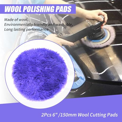 2Pcs 6" /150mm Wool Cutting Pads, Wool Polishing Pads, Wool Buffing and Polishing Pad Set, Purple, for Car Polishing