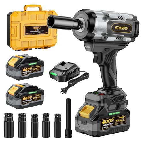 SOARFLY 1/2" Cordless Impact Wrench, 1500N.m (1106 Ft-Lbs) High Torque, 21V Brushless Impact Gun with 2x 4.0Ah Batteries, Variable Speed, LED Light, 5 Sockets for Truck RV Car Heavy Construction - color: Dark Gray