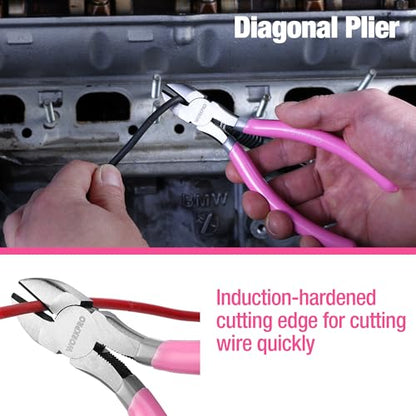 WORKPRO 7-Piece Pliers Set - Pink Ribbon | Groove Joint Plier, Long Nose Plier, Slip Joint Pliers, Linesman Pliers, Diagonal Pliers for DIY & Home Use - color: Gray, Pink