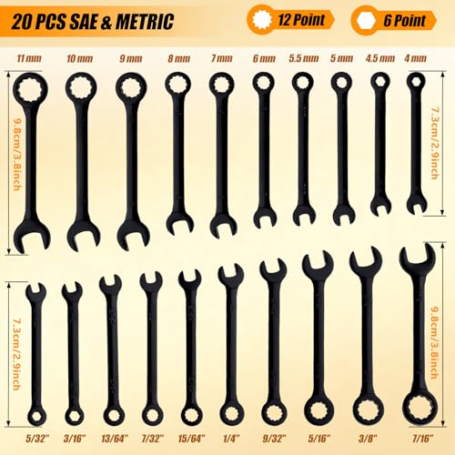 Mini Wrench Set Metric and SAE 20-Piece Ignition Wrench Set, 4mm-11mm & 5/32"-7/16" Open End and Box End Combination Wrench Kit Super Thin Small Spanner with Zipper Bag and Key Ring, Black - style: Metric & SAE(Black)