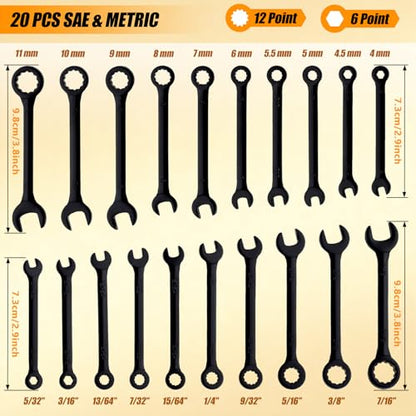 Mini Wrench Set Metric and SAE 20-Piece Ignition Wrench Set, 4mm-11mm & 5/32"-7/16" Open End and Box End Combination Wrench Kit Super Thin Small Spanner with Zipper Bag and Key Ring, Black - style: Metric & SAE(Black)